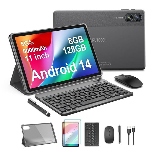 11 Inch Android 14 Tablet 2 in 1 Tablet, Qcta Core, 8GB RAM+128GB ROM+1TB Expand, 2+8MP Camera, 8000mAh Battery, 5G/2.4G WiFi, Bluetooth, Case (Gray)