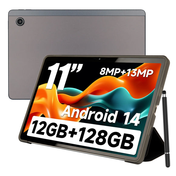 11inch 2K Tablet Android 14 with Octa-Core Processor,12GB RAM 128GB ROM(1TB TF Extensions),2000x1200 FHD IPS Display,8MP+13MP, Split-Screen, 6800mAh,Wi-Fi 6,Gray with Case & Pen