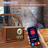 LoopTone USB SD Multifunction AM FM Vintage Radio with Bluetooth Speaker,Retro Wood Table Radio for Kitchen Living Room with Rotary Knob Brown
