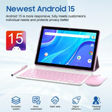 Tablet 10.1 Inch Android 15.0 OS, 2 in 1 Tablets, 64GB ROM+8GB RAM, 8MP Camera, Quad-core Processor, 6000mAh Battery, 1280*800 FHD, Include Keyboard, Mouse, Case, Stylus