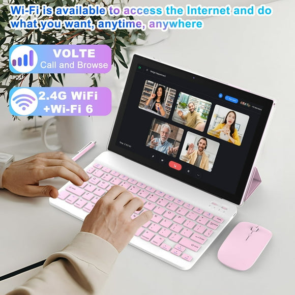 Tablet 10.1 Inch Android 15.0 OS, 2 in 1 Tablets, 64GB ROM+8GB RAM, 8MP Camera, Quad-core Processor, 6000mAh Battery, 1280*800 FHD, Include Keyboard, Mouse, Case, Stylus