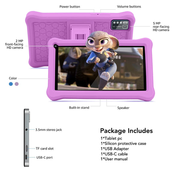 niuniutab Kids Tablet,7 inch Android for Kids, 3+5GB RAM 64GB ROM, 1024x600 IPS HD Touchscreen, Tablet with Parental Control, WiFi, Bluetooth,Quad-core(Purple)