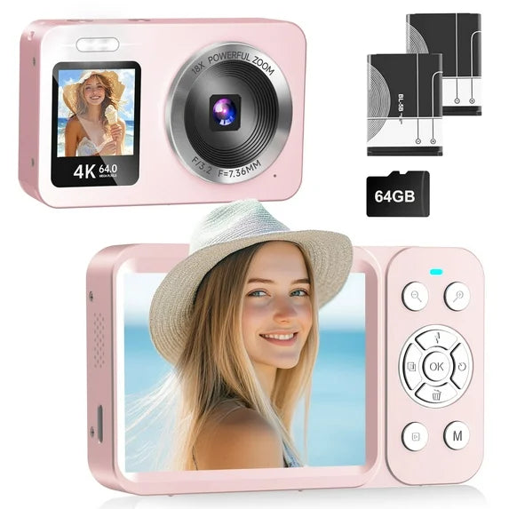 4K Digital Camera 64MP,Froura Dual-Screen Vlogging Camera,18X Zoom,64GB Card,2 Batteries,Point and Shoot Camera for Kids,Teens ,Beginners,Boys ,Girls,Compact Travel Camera,Birthday Gifts,Pink