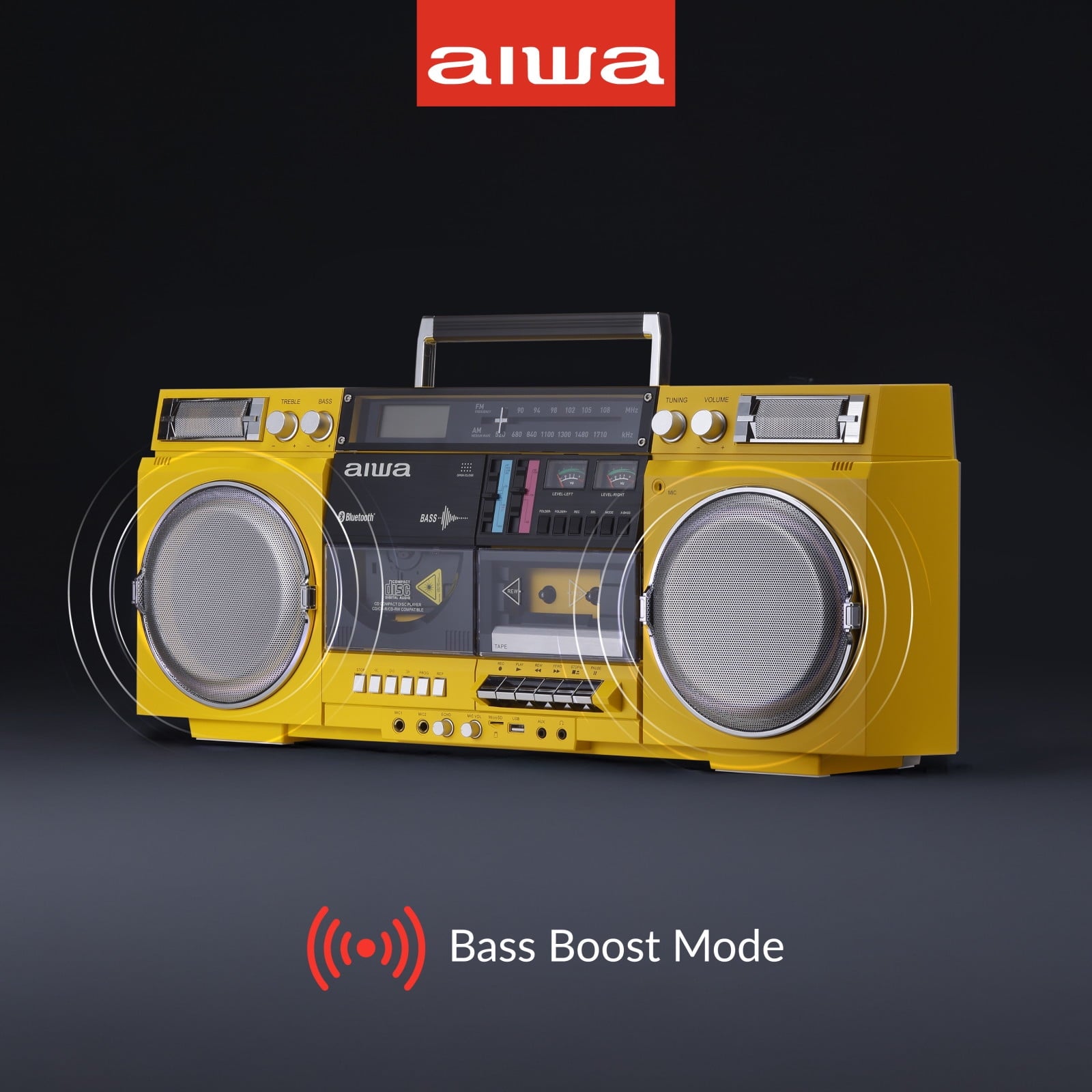 aiwa Retro Boombox CD Player with Cassette Recording, Bluetooth 5.0, VU Meters, LCD Display, Dual 40W Speakers - Thumbnail 3