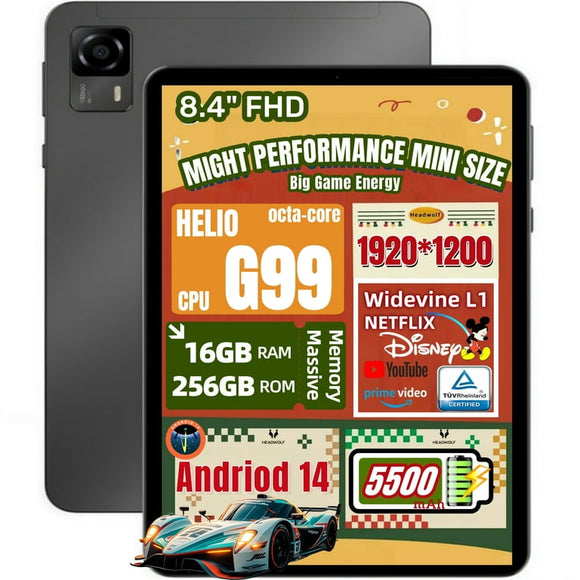 Headwolf FPad5 Pro Android 14 Tablet, 8.4 Inch FHD Display, MTK G99, 16GB RAM 256GB Storage, 5500mAh, 5G WiFi, Great for Work and Play