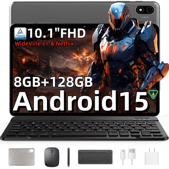 Tablet 2025 Newest Android 15 Tablet, 10 Inch Tablet,5G Wi-Fi Tablet Computer,2 In 1 Tablet with Keyboard, 128GB ROM+8(4+4)GB RAM+ 2TB Expand, Octa-Core Processor,1920 * 1200 IPS,Bluetooth,GPS,Gray