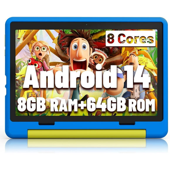 BESTSKI Android 14 10inch Kids Tablet with Protective Case,Octa-Core,8GB RAM+64GB Rom(1TB Expandable)Dual Camera,Parental Control,Pre-Intalled KIDOZ,Great Gift for Toddler-Blue