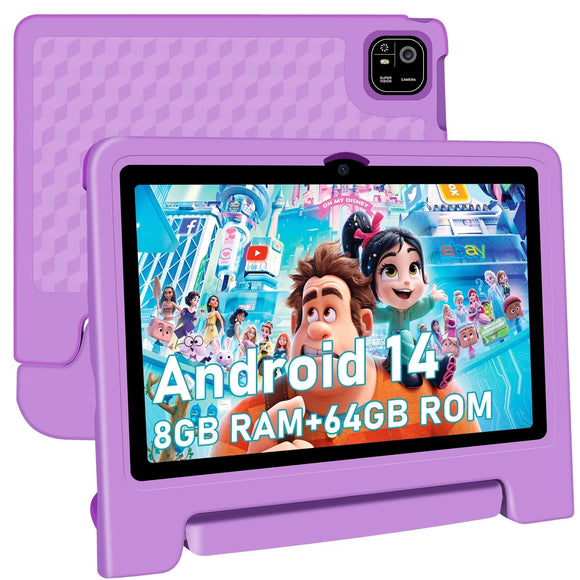 Kids Tablet, 10.1 inch Tablet for Kids IPS HD Screen RAM 8GB 64GB Storage, J10 Pro Toddler Tablet with Protective case - Purple