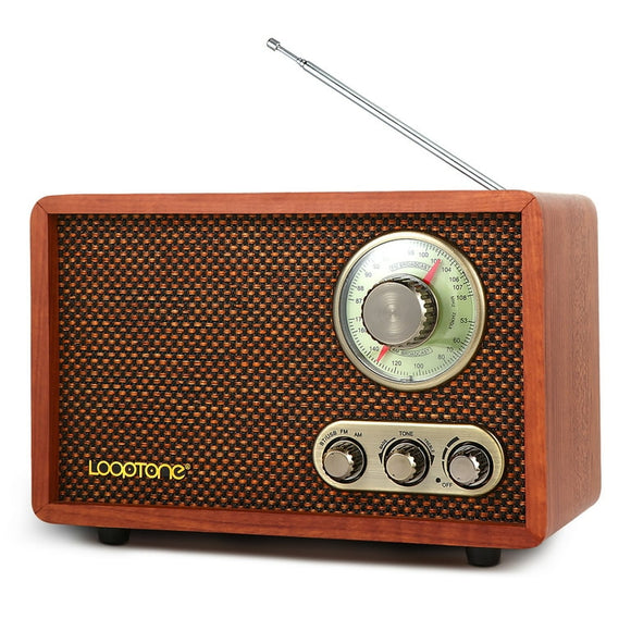 LoopTone USB SD Multifunction AM FM Vintage Radio with Bluetooth Speaker,Retro Wood Table Radio for Kitchen Living Room with Rotary Knob Brown