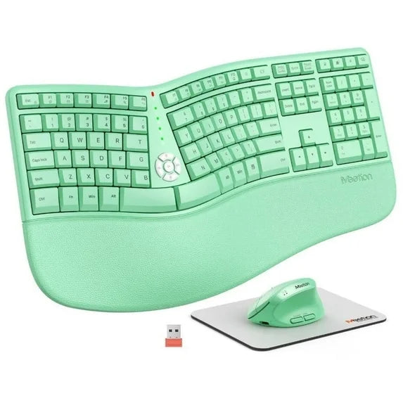 MEETION Wireless Keyboard and Mouse Combo, Green Ergonomic Split Design, Rechargeable Keyboard & Vertical Mouse for Windows/Mac