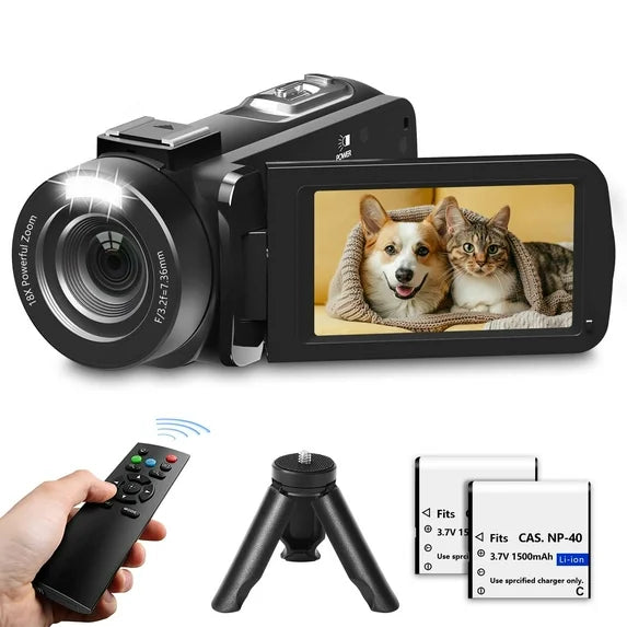 Saneen Video Camera Camcorder Full HD 1080P 24MP IR Night Vision Vlogging Camera for YouTube 18X Digital Zoom 3.0 Inch 270 Degree Rotation Touch Screen with Tripod & Battery