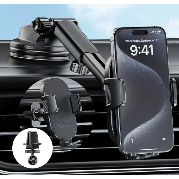 YOOVEE Universal Dashboard & Windshield Car Phone Holder - 360° Rotatable Mount, 3-in-1 Vent/Dash/Windshield Clip for 4-7