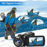 Saneen Video Camera Camcorder Full HD 1080P 24MP IR Night Vision Vlogging Camera for YouTube 18X Digital Zoom 3.0 Inch 270 Degree Rotation Touch Screen with Tripod & Battery