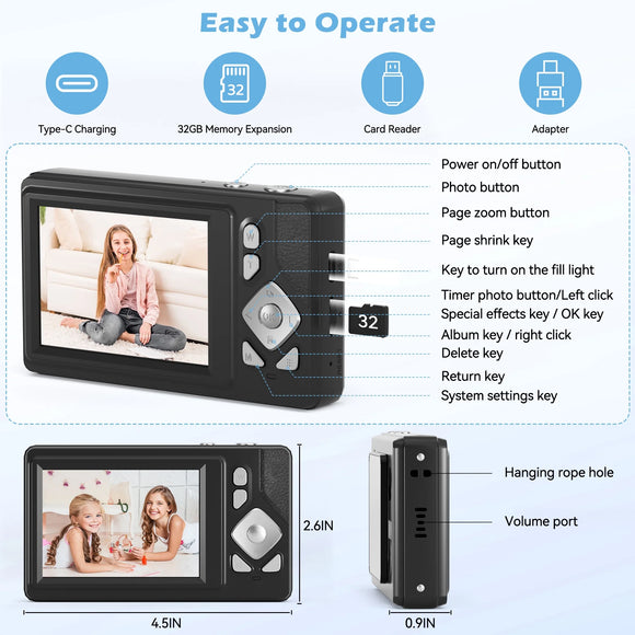 Lookfly Digital Camera,FHD 1080P Point and Shoot Kids Camera，Camera for Photography with 32GB Card ,18X Zoom Anti Shake,48MP,Compact Small Digital Camera for Boys Girls Kids,Black