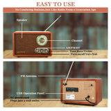 LoopTone USB SD Multifunction AM FM Vintage Radio with Bluetooth Speaker,Retro Wood Table Radio for Kitchen Living Room with Rotary Knob Brown